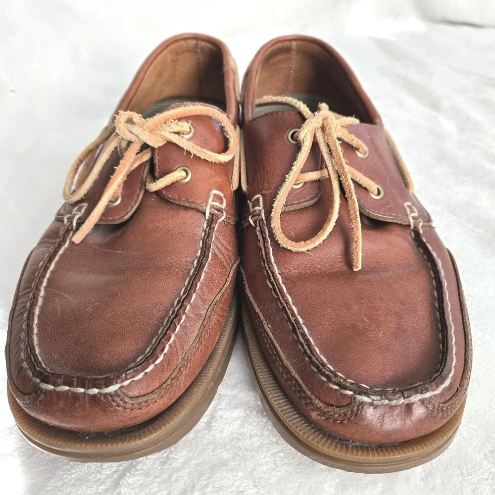 Frye-ROCKPORT Colab Mens Boat Shoes Size 9W‎ Leather Brown Rawhide Ties Nautical